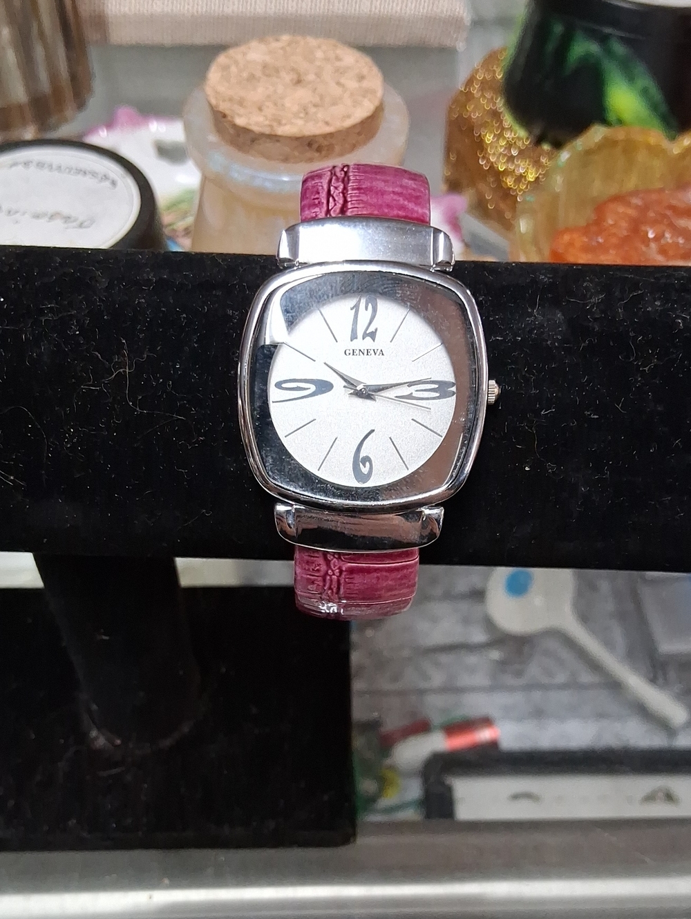 Geneva Silver-Tone Case Watch with Pink Strap